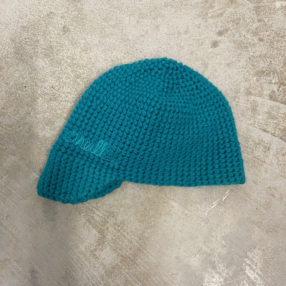 ONeill Womens Teal Knit Beanie Hat Crochet Style Asymmetrical Ear Flap Blue